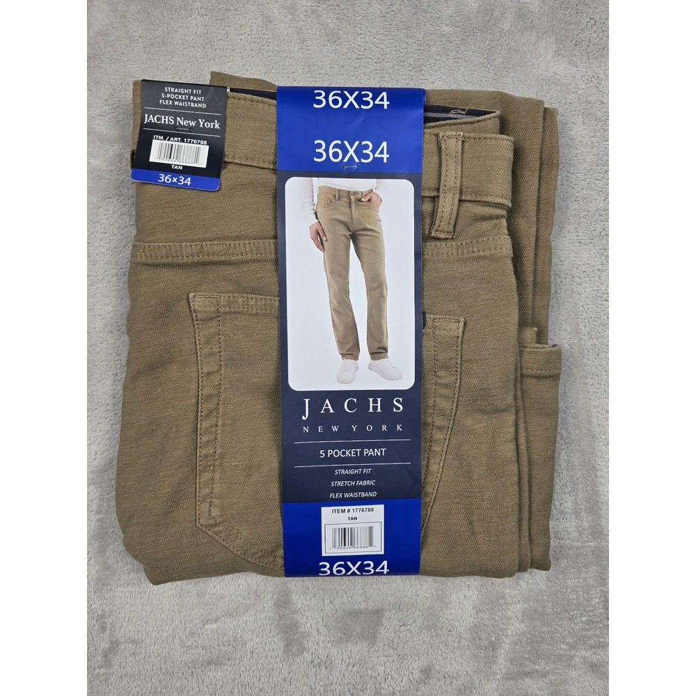 Jachs New York 5 Pocket Pant Mens 36x34 Tan Straight Fit Stretch‎ Flex Waistband